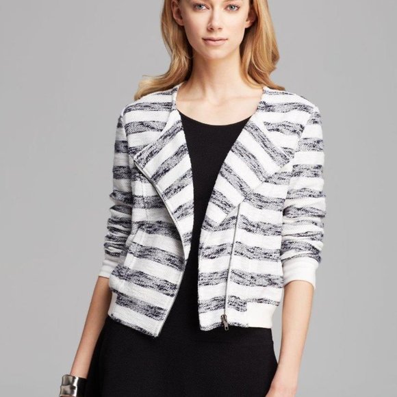SANCTUARY CLOTHING MS SIZE MEDIUM BLUE AND WHITE STRIPED ASYMMERTICAL ZIP JACKET - Picture 1 of 9